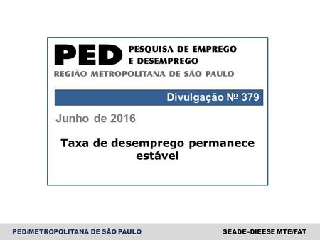 PED/METROPOLITANA DE SÃO PAULOSEADE–DIEESE MTE/FAT Junho de 2016 Divulgação N o 379 Taxa de desemprego permanece estável.