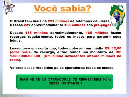 O Brasil tem mais de 231 milhões de telefones celulares. Desses 231 aproximadamente 185 milhões são pré-pagos. Desses 185 milhões aproximadamente, 165.