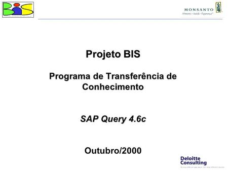 Projeto BIS Programa de Transferência de Conhecimento SAP Query 4.6c Projeto BIS Programa de Transferência de Conhecimento SAP Query 4.6c Outubro/2000.