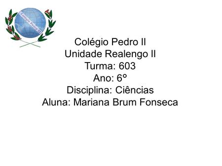 Colégio Pedro II Unidade Realengo II Turma: 603 Ano: 6° Disciplina: Ciências Aluna: Mariana Brum Fonseca.