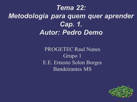 Tema 22: Metodologia para quem quer aprender Cap. 1. Autor: Pedro Demo PROGETEC Raul Nunes Grupo 1 E.E. Ernesto Solon Borges Bandeirantes MS.