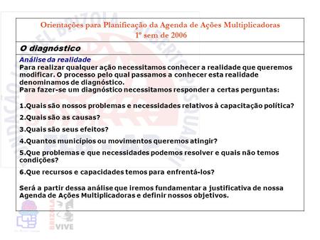 Orientações para Planificação da Agenda de Ações Multiplicadoras 1º sem de 2006 O diagnóstico Análise da realidade Para realizar qualquer ação necessitamos.