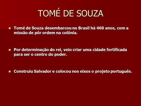 TOMÉ DE SOUZA Tomé de Souza desembarcou no Brasil há 460 anos, com a missão de pôr ordem na colônia. Tomé de Souza desembarcou no Brasil há 460 anos, com.