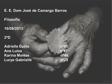 E. E. Dom José de Camargo Barros Filosofia 16/08/2013 2ºD Adrielle Costa nº01 Ana Luiza nº47 Karina Monize nº46 Lurye Gabrielle nº29.