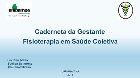 Fisioterapia em Saúde Coletiva Caderneta da Gestante Luciana Mello Suellen Belmonte Thauana Silveira. URUGUAIANA 2016.