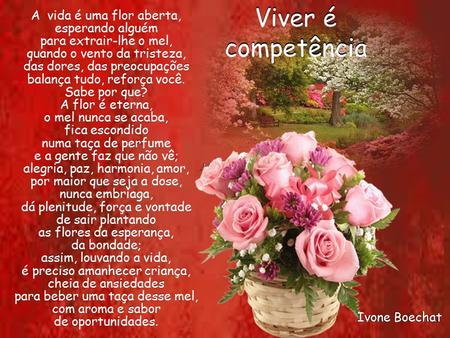 A vida é uma flor aberta, esperando alguém para extrair-lhe o mel, quando o vento da tristeza, das dores, das preocupações balança tudo, reforça você. Ivone Boechat