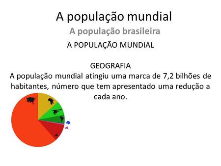 A população mundial A população brasileira A POPULAÇÃO MUNDIAL GEOGRAFIA A população mundial atingiu uma marca de 7,2 bilhões de habitantes, número que.