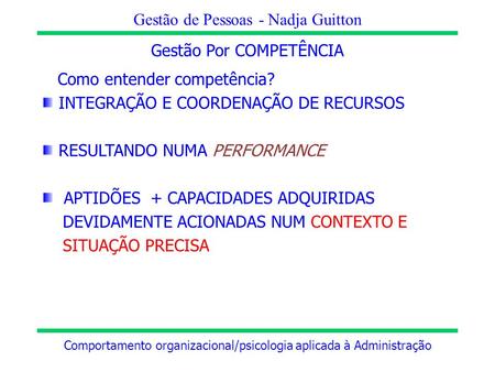 Gestão de Pessoas - Nadja Guitton Comportamento organizacional/psicologia aplicada à Administração Gestão Por COMPETÊNCIA Como entender competência? INTEGRAÇÃO.