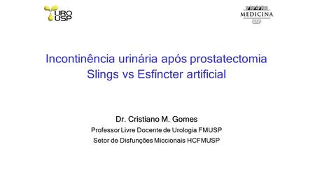 Incontinência urinária após prostatectomia Slings vs Esfíncter artificial Dr. Cristiano M. Gomes Professor Livre Docente de Urologia FMUSP Setor de Disfunções.