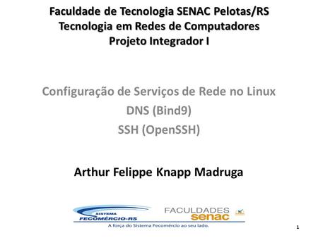 Faculdade de Tecnologia SENAC Pelotas/RS Tecnologia em Redes de Computadores Projeto Integrador I Configuração de Serviços de Rede no Linux DNS (Bind9)
