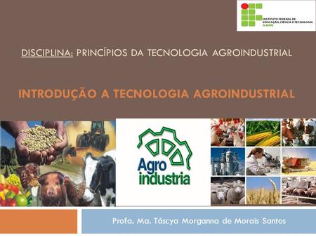DISCIPLINA: PRINCÍPIOS DA TECNOLOGIA AGROINDUSTRIAL INTRODUÇÃO A TECNOLOGIA AGROINDUSTRIAL Profa. Ma. Táscya Morganna de Morais Santos.