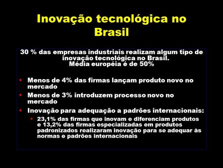 Inovação tecnológica no Brasil 30 % das empresas industriais realizam algum tipo de inovação tecnológica no Brasil. Média européia é de 50%  Menos de.