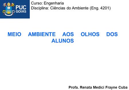 MEIO AMBIENTE AOS OLHOS DOS ALUNOS Profa. Renata Medici Frayne Cuba Curso: Engenharia Disciplina: Ciências do Ambiente (Eng. 4201)