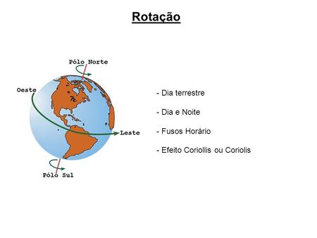 Rotação - Dia terrestre - Dia e Noite - Fusos Horário - Efeito Coriollis ou Coriolis.
