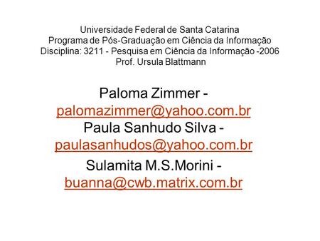Sulamita M.S.Morini - buanna@cwb.matrix.com.br Universidade Federal de Santa Catarina Programa de Pós-Graduação em Ciência da Informação Disciplina: 3211.