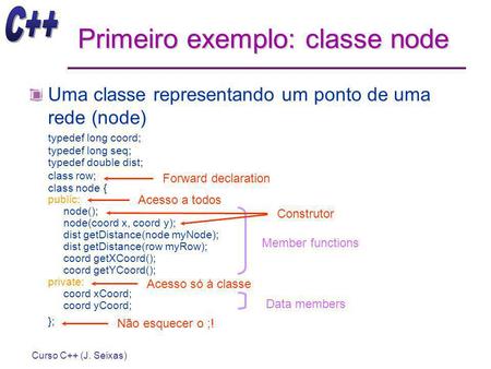 Curso C++ (J. Seixas) Primeiro exemplo: classe node Uma classe representando um ponto de uma rede (node) typedef long coord; typedef long seq; typedef.