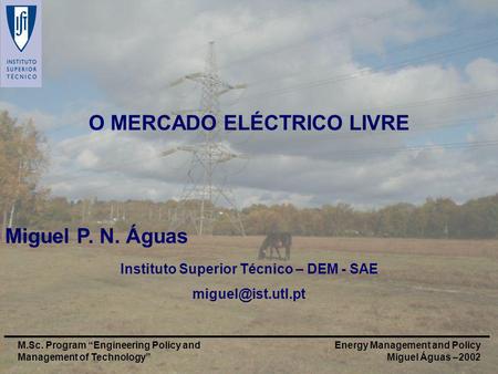 Energy Management and Policy Miguel Águas –2002 M.Sc. Program Engineering Policy and Management of Technology O MERCADO ELÉCTRICO LIVRE Miguel P. N. Águas.