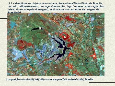 1.1 - Identifique os objetos (área urbana; área urbana/Plano Piloto de Brasília; cerrado; reflorestamento; drenagem/mata ciliar; lago / represa; áreas.
