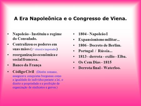A Era Napoleônica e o Congresso de Viena.