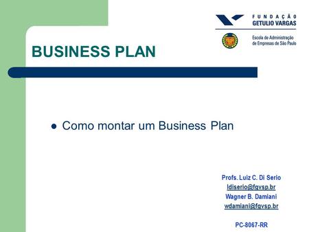 BUSINESS PLAN Como montar um Business Plan Profs. Luiz C. Di Serio