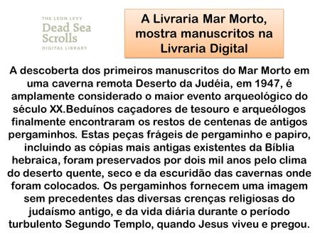 A Livraria Mar Morto, mostra manuscritos na Livraria Digital