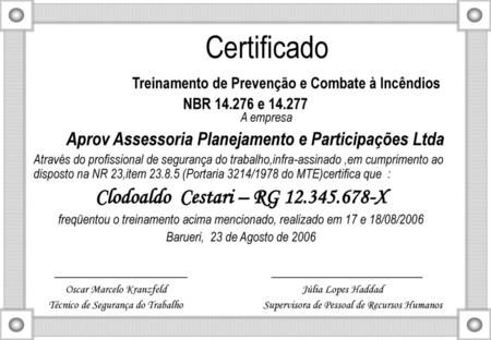 Certificado Treinamento de Prevenção e Combate à Incêndios NBR 14