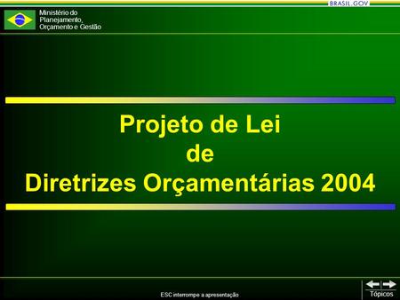 Ministério do Planejamento, Orçamento e Gestão ESC interrompe a apresentação Tópicos Projeto de Lei de Diretrizes Orçamentárias 2004.
