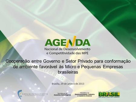 Brasília, 29 de janeiro de 2013 Cooperação entre Governo e Setor Privado para conformação de ambiente favorável às Micro e Pequenas Empresas brasileiras.