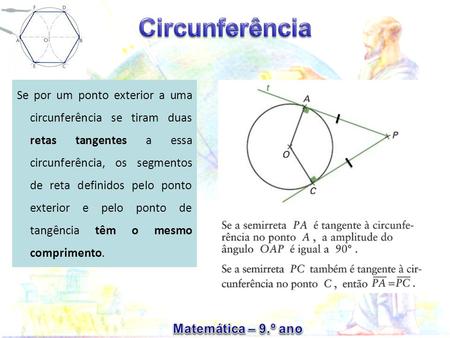 Se por um ponto exterior a uma circunferência se tiram duas retas tangentes a essa circunferência, os segmentos de reta definidos pelo ponto exterior e.