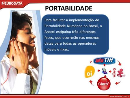 PORTABILIDADE Para facilitar a implementação da Portabilidade Numérica no Brasil, a Anatel estipulou três diferentes fases, que ocorrerão nas mesmas datas.