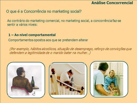 Análise Concorrencial Ao contrário do marketing comercial, no marketing social, a concorrência faz-se sentir a vários níveis: O que é a Concorrência no.