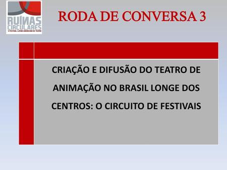 RODA DE CONVERSA 3 CRIAÇÃO E DIFUSÃO DO TEATRO DE ANIMAÇÃO NO BRASIL LONGE DOS CENTROS: O CIRCUITO DE FESTIVAIS.