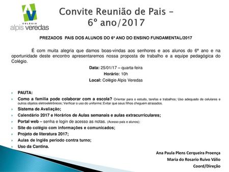 Convite Reunião de Pais – 6º ano/2017
