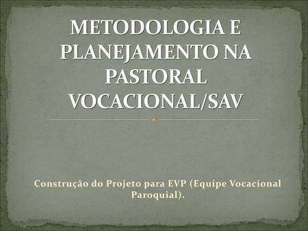 METODOLOGIA E PLANEJAMENTO NA PASTORAL VOCACIONAL/SAV