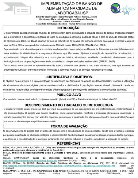 IMPLEMENTAÇÃO DE BANCO DE ALIMENTOS NA CIDADE DE JABOTICABAL/SP