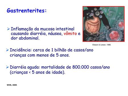 Gastrenterites: Inflamação da mucosa intestinal causando diarréia, náusea, vômito e dor abdominal. Eliason & Lewan, 1998. Incidência: cerca de 1 bilhão.
