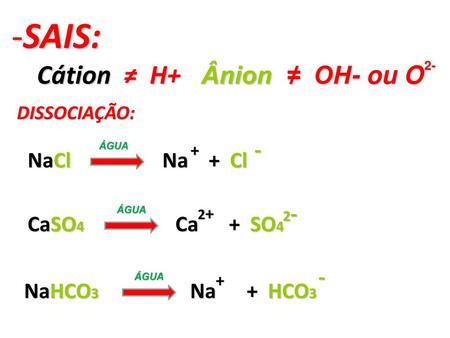SAIS: Cátion ≠ H+ Ânion ≠ OH- ou O - NaCl Na + Cl CaSO4 Ca + SO4 -