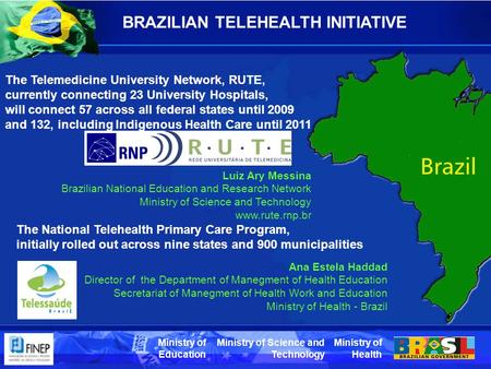 Ministry of Health Ministry of Science and Technology Ministry of Education BRAZILIAN TELEHEALTH INITIATIVE The National Telehealth Primary Care Program,