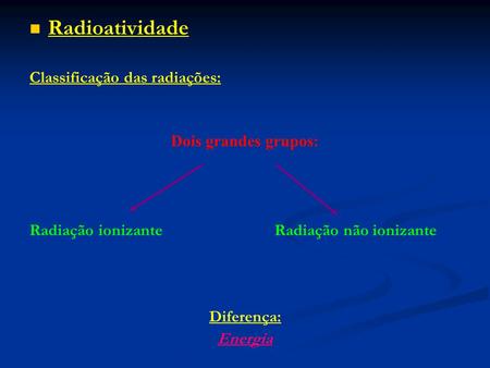 Radioatividade Classificação das radiações: Dois grandes grupos:
