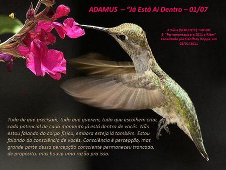 ADAMUS – “Já Está Aí Dentro – 01/07 A Série (SEGUINTE): SHOUD 6 “Ferramentas para 2011 e Além” Canalizado por Geoffrey Hoppe, em 08/01/2011 Tudo de que.