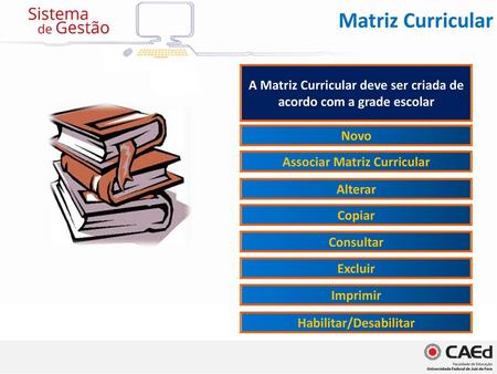 Matriz Curricular A Matriz Curricular deve ser criada de acordo com a grade escolar Novo Associar Matriz Curricular Alterar Copiar Consultar Excluir Imprimir.