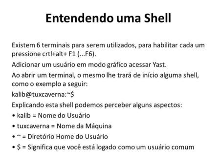 Entendendo uma Shell Existem 6 terminais para serem utilizados, para habilitar cada um pressione crtl+alt+ F1 (...F6). Adicionar um usuário em modo gráfico.
