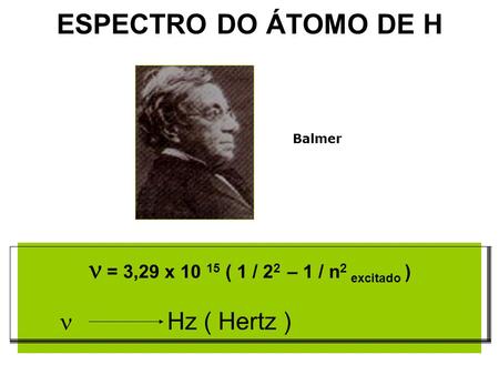 ESPECTRO DO ÁTOMO DE H  = 3,29 x ( 1 / 22 – 1 / n2 excitado )