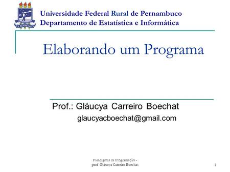 Paradigmas de Programação - prof Gláucya Carreiro Boechat1 Elaborando um Programa Prof.: Gláucya Carreiro Boechat Universidade.