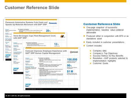 ©2011 SAP AG. All rights reserved. Customer Reference Slide One-page snapshot of successful implementation; baseline value collateral deliverable Produced.