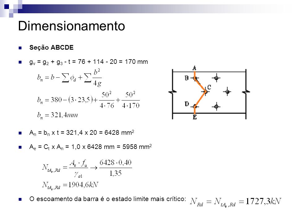 Dimensionamento Seção ABCDE gv = g2 + g3 - t = = 170 mm