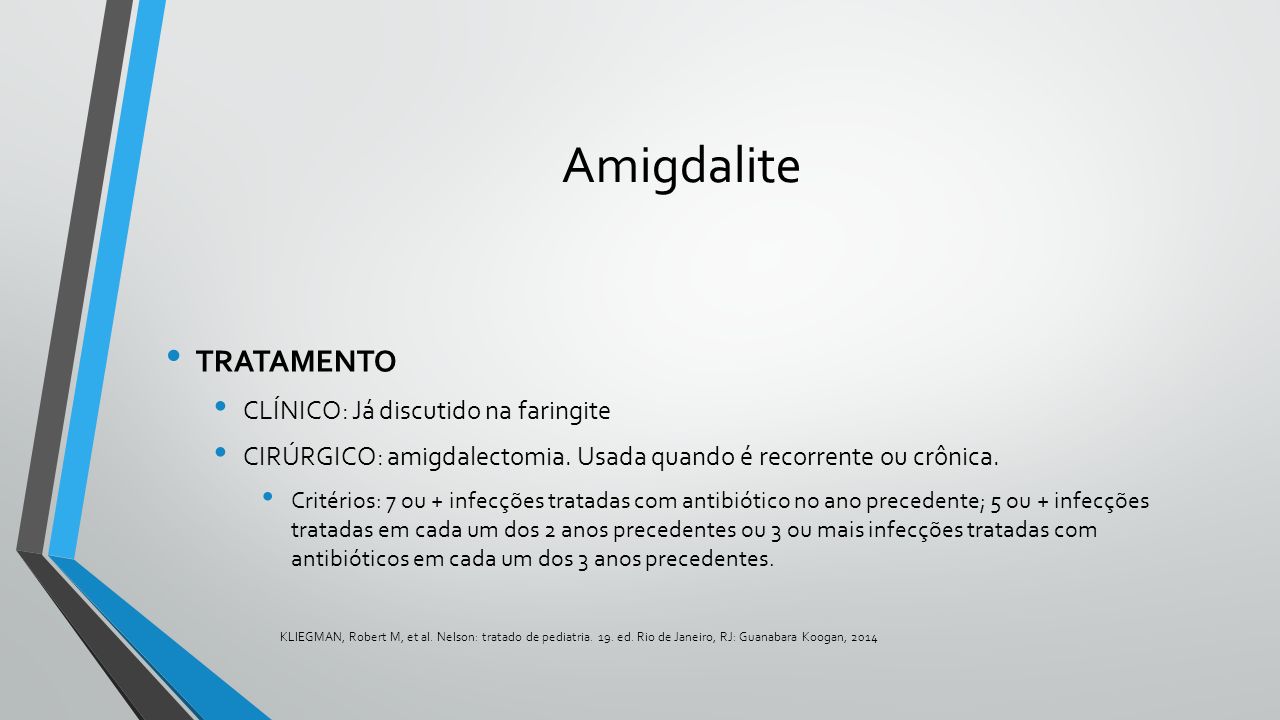 Amigdalite TRATAMENTO CLÍNICO: Já discutido na faringite