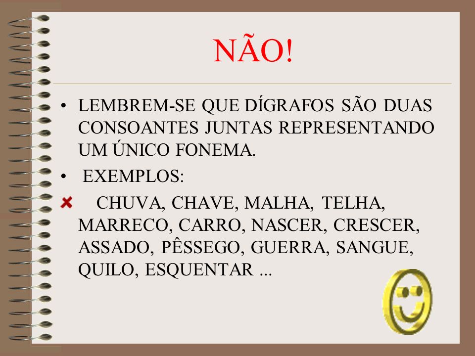 NÃO! LEMBREM-SE QUE DÍGRAFOS SÃO DUAS CONSOANTES JUNTAS REPRESENTANDO UM ÚNICO FONEMA. EXEMPLOS: