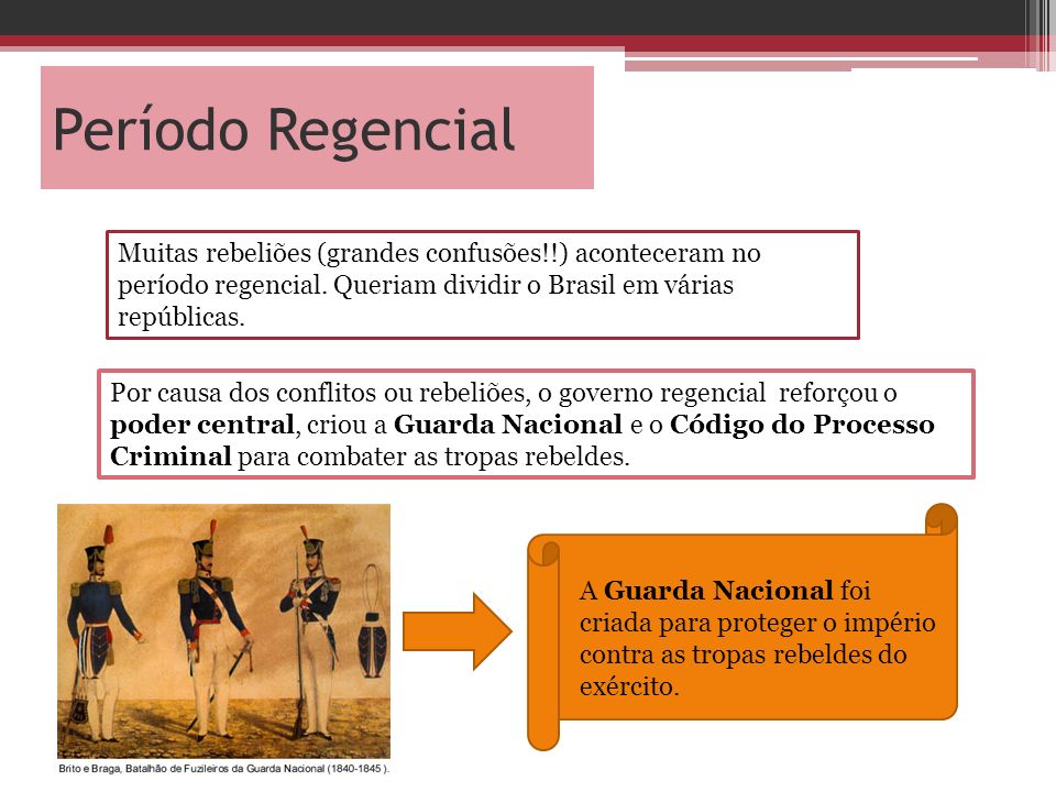 Período Regencial Muitas rebeliões (grandes confusões!!) aconteceram no período regencial. Queriam dividir o Brasil em várias repúblicas.