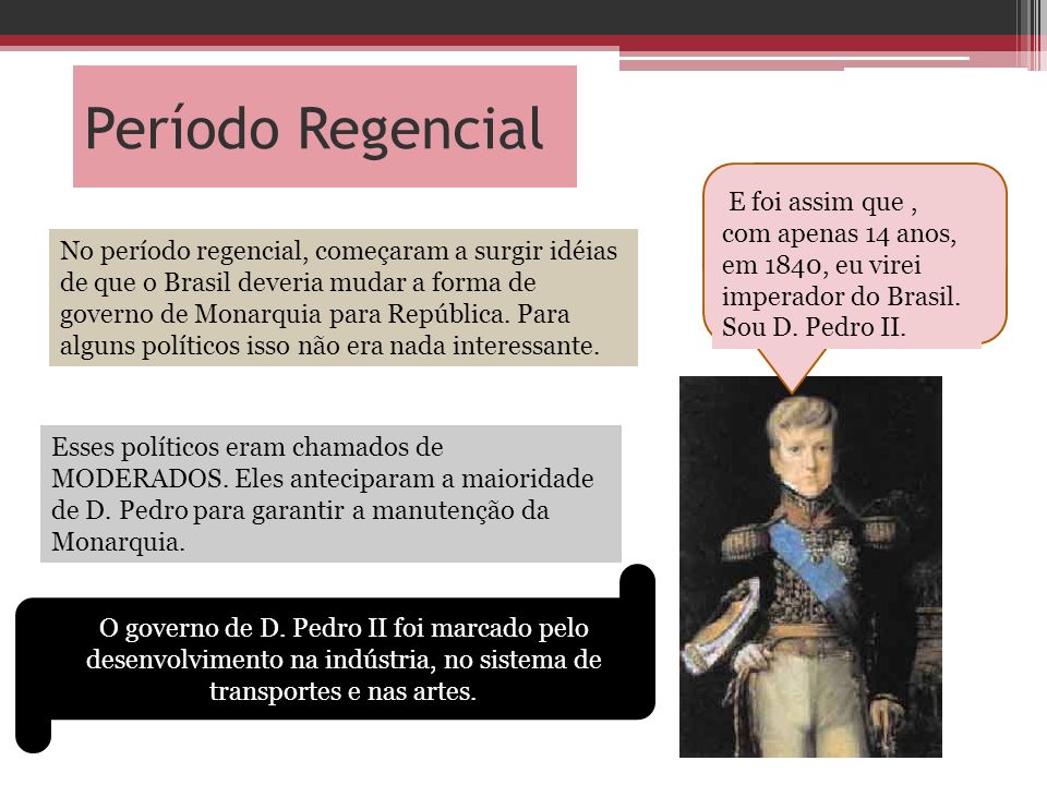 Período Regencial E foi assim que , com apenas 14 anos, em 1840, eu virei imperador do Brasil. Sou D. Pedro II.